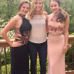 navy embroidered floral prom dress